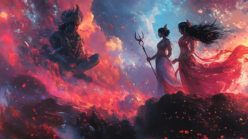 Divine figures stand before meditating deity in fiery clouds