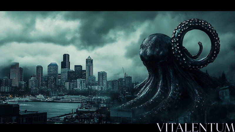 Colossal octopus haunts stormy city waterfront skyline.