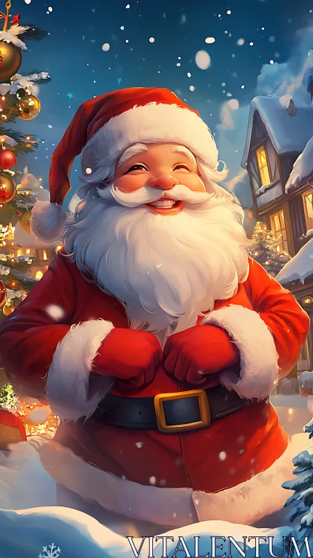 Jolly Santa laughing under cozy winter village lights.