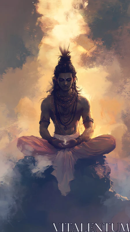 Meditating ascetic sits in radiant clouds of spiritual light.