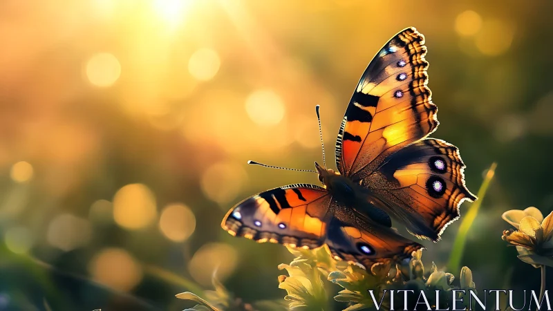 Macro study of sunlit butterfly wings in bokeh field focus.