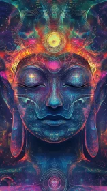 Cosmic deity portrait radiates neon fractal enlightenment.