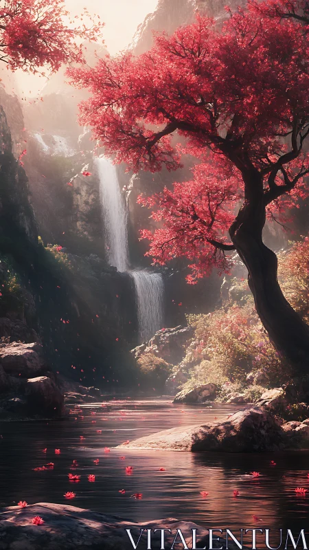 Crimson forest waterfall under diffused sunrise glow.