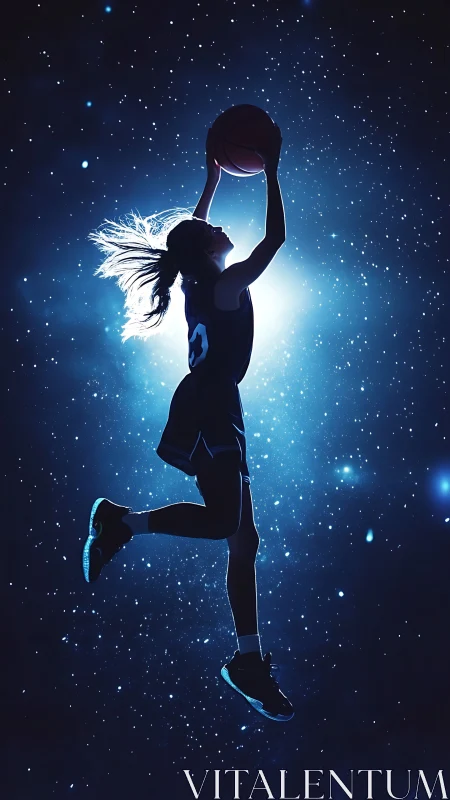 Silhouetted spacecourt dunk in backlit photorealistic profile.