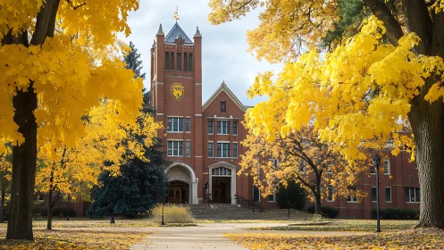 Golden campus gateway glows beneath a canopy of autumn