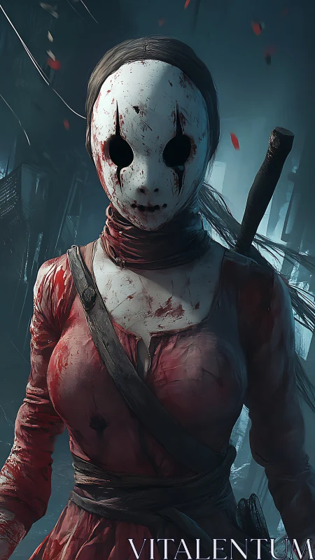 Masked bloodstained assassin advances through dim urban alley