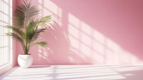 Sunlit palm in minimalist pink interior casts soft shadows.