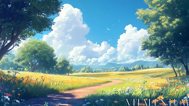 Sunlit wildflower meadow stretches beneath radiant summer sky