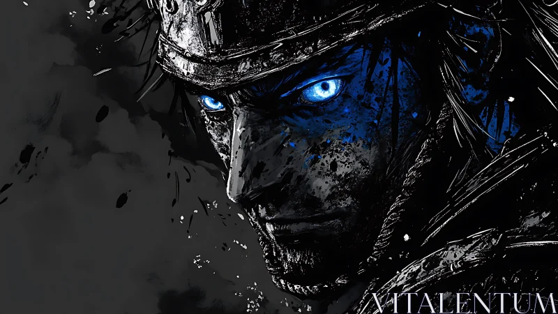 Warrior’s glowing blue eyes cut through ink-dark shadows.