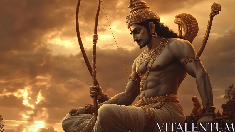 Sunlit archer deity in quiet battlefield dusk repose.