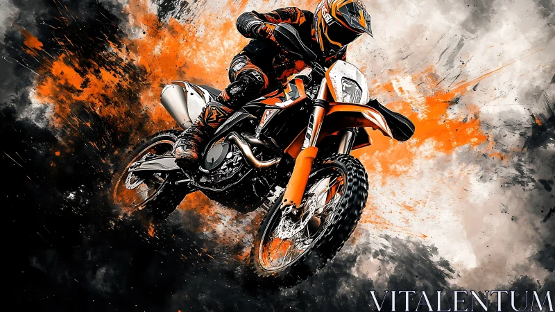 Off-road motorcycle rider in orange abstract digital spray.