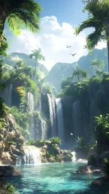 Sunlit tropical waterfalls cascade into crystal lagoon.