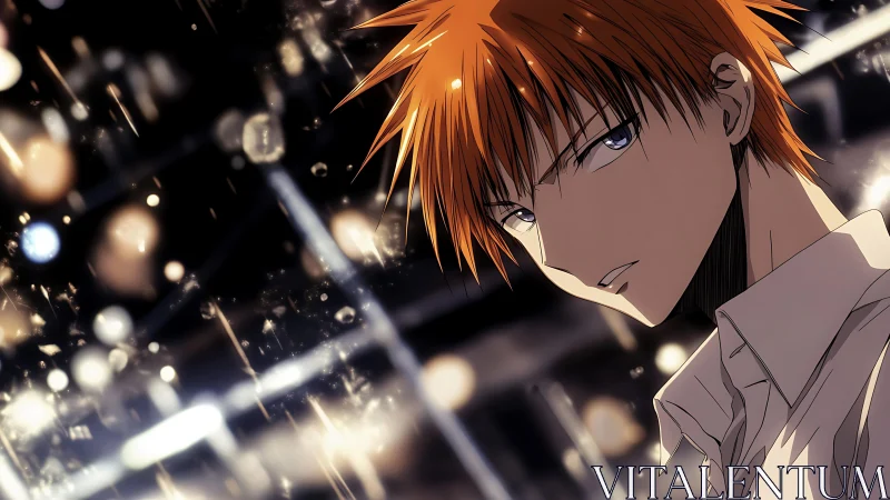 Angular orange‑haired anime portrait with luminous bokeh grid.