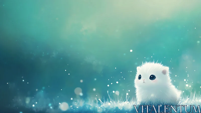 Fluffy white kitten glows softly in dreamy teal field.