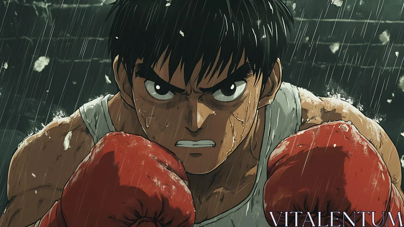 Determined Boxer Portrait in Rain with Intense Expression.