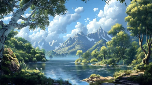 Mountain lake landscape uses layered depth, soft atmospheric haze