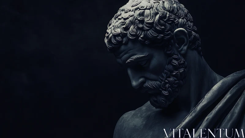 Stoic marble bust in dramatic low key chiaroscuro lighting.