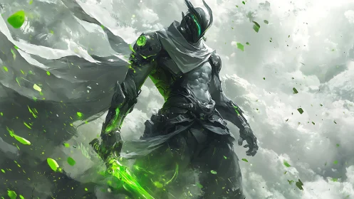 Cybernetic warrior stands amid clouds with glowing blade.