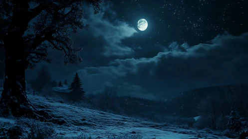 Winter hillside under full moon and distant forested ridge.