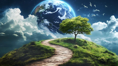 Curved hill path under isolated tree with Earth backdrop.