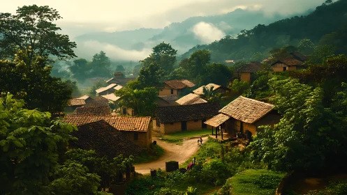 Rural hillside village with tiled roofs in misty valley.