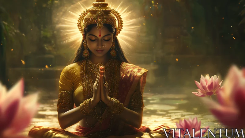 Divine woman meditating in lotus pond with golden halo.