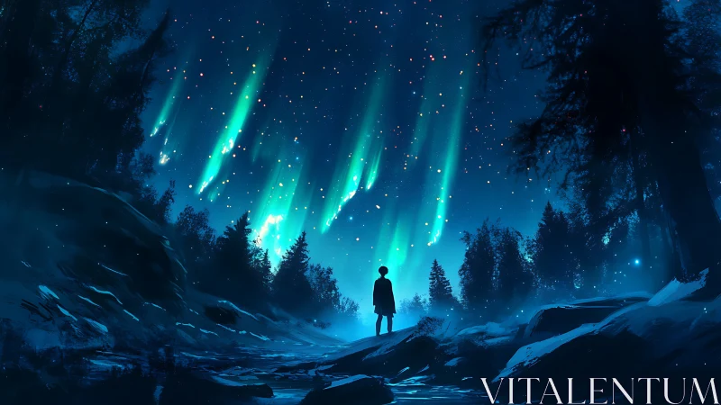 Lone traveler watches emerald aurora over winter forest night.