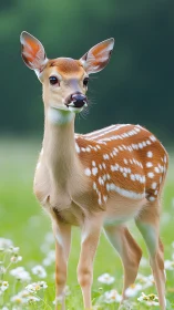 Young spotted fawn stands alert in a soft green meadow.
