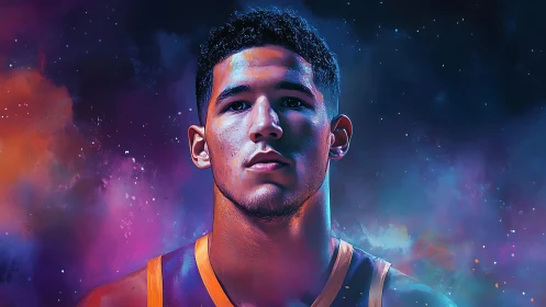 Digital portrait shows basketball player against nebula background