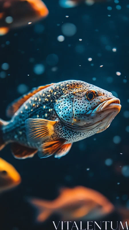 Spotted fish in sharp underwater close-up against dark water.