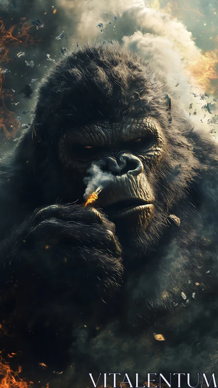 Colossal gorilla amid fiery smoke, cinematic close view.