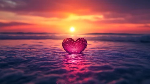 Glowing Heart at Sunset: Love's Beacon by the Sea.