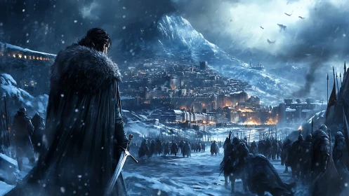 Snow-covered army advances toward fortified burning city