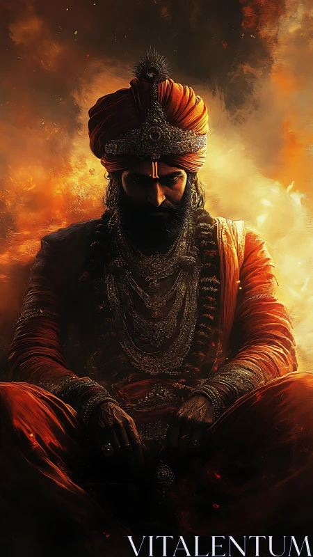 Regal warrior in glowing embers, wrapped in fiery silence.