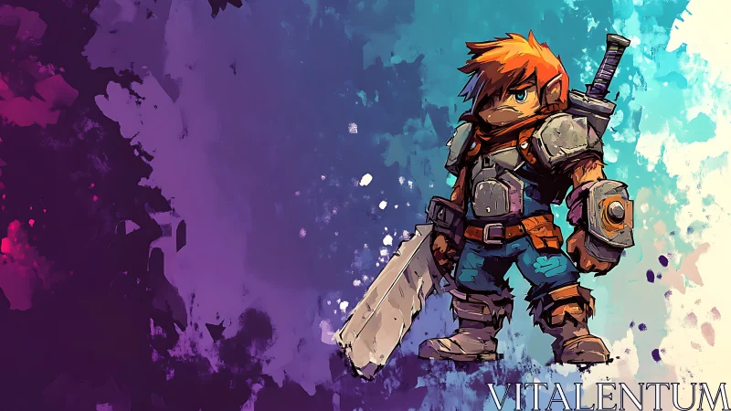 Cartoon warrior hero framed by splattered neon gradient background.