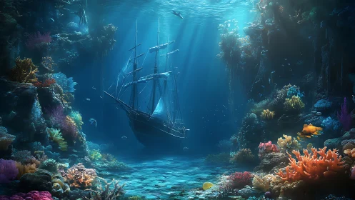 Sunken wooden sailing ship resting amid dense coral reef