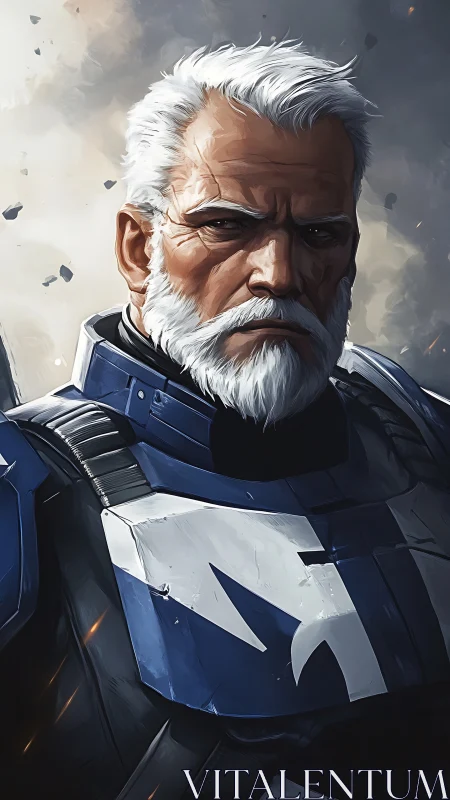 Armored veteran warrior stares forward with stern resolve