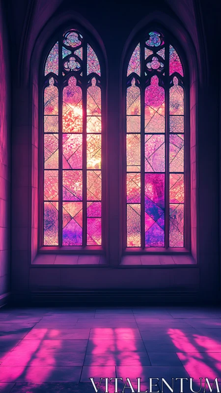 Gothic stained glass windows cast vivid magenta light inside