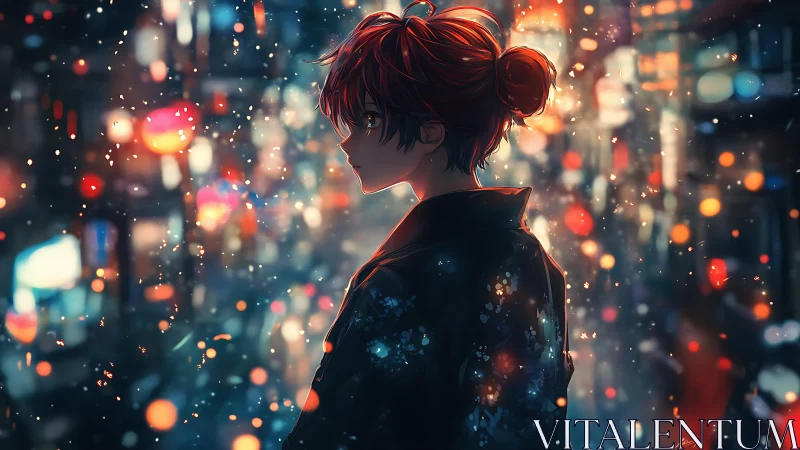 Silhouetted anime youth stands in glowing bokeh city lights