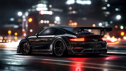 Midnight sports car glows with sleek power on rainy streets
