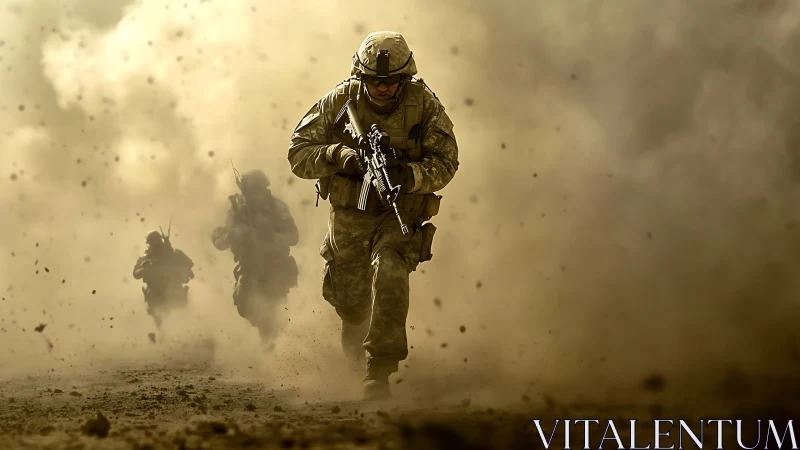 Soldiers advancing through dense battlefield dust clouds.