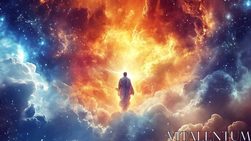 Celestial robed figure framed by nebula clouds and radiant light.