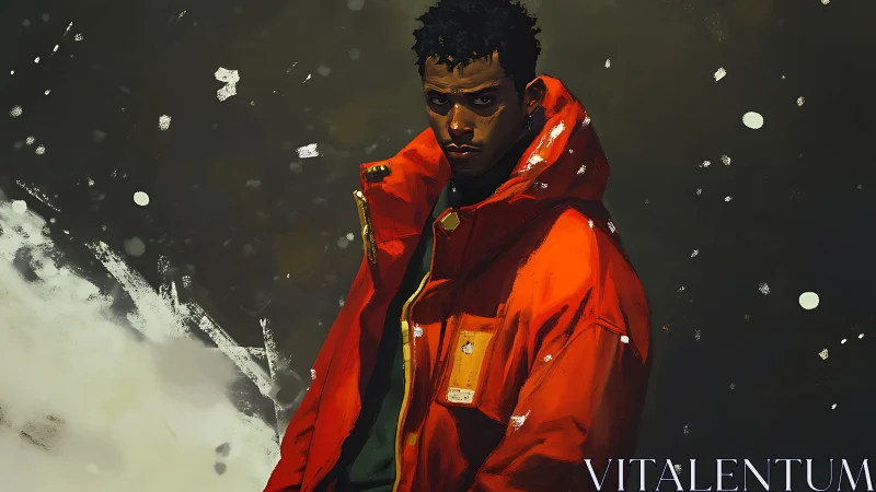 Figure in red parka stands against dark, snowy backdrop
