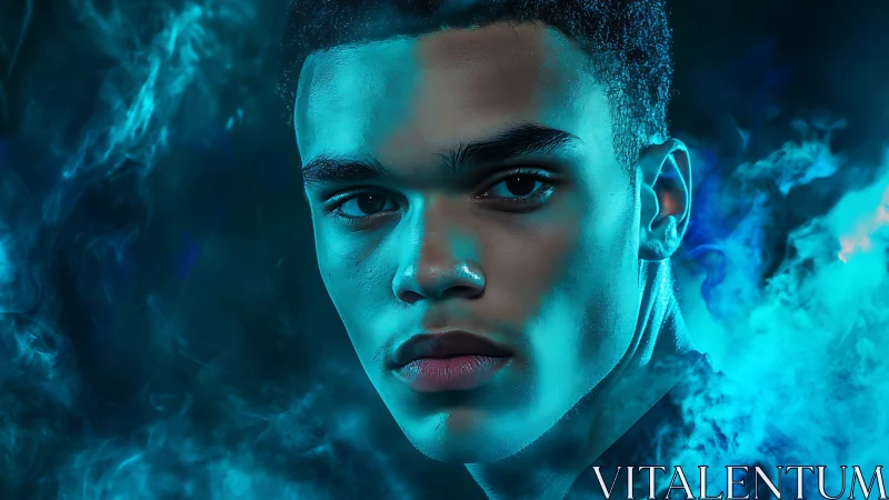 Moody blue-lit male portrait with intense smoky backdrop.