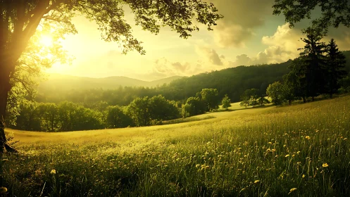 Sunlit meadow and distant forested hills at sunset.