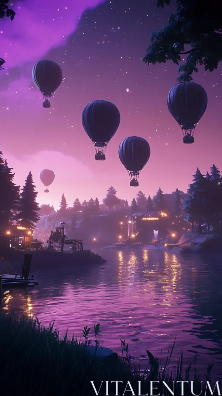 Twilight balloons drift above a neon-tinted lakeside dream