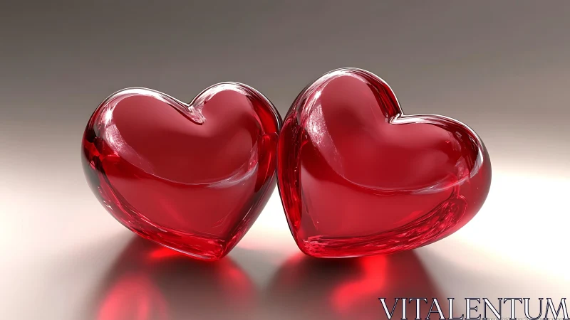 Two translucent red glass forms shaped as hearts positioned adjacent on neutral surface