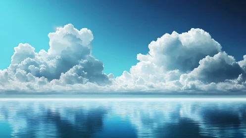 Cloud kingdoms afloat above a mirror-bright azure sea.
