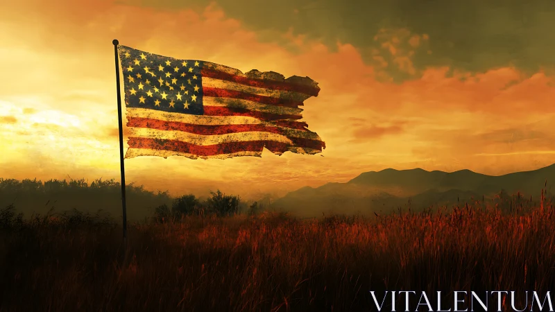 Tattered twilight flag over ember fields of a quiet republic.