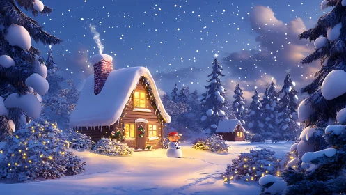 Snow covered forest cabins with snowman at winter dusk.